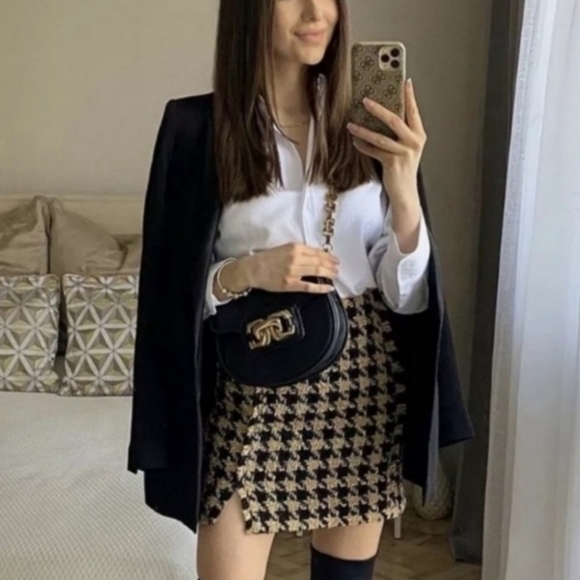 House Of Harlow 1960 Skirt Tan Black Houndstooth Plaid Tweed Mini Fringed Medium - Picture 1 of 8